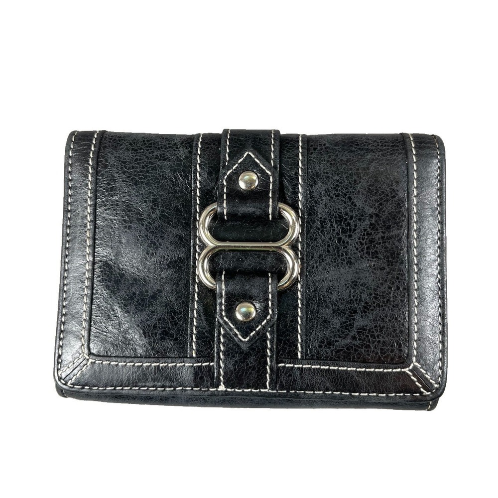 Vintage Isabella Fiore Black Leather Wallet Y2K Silver Buckle Trifold